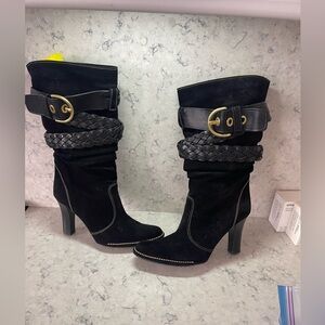 Coach Randie Boots Black Suede High Heel Buckles Leather Q096 Size 8